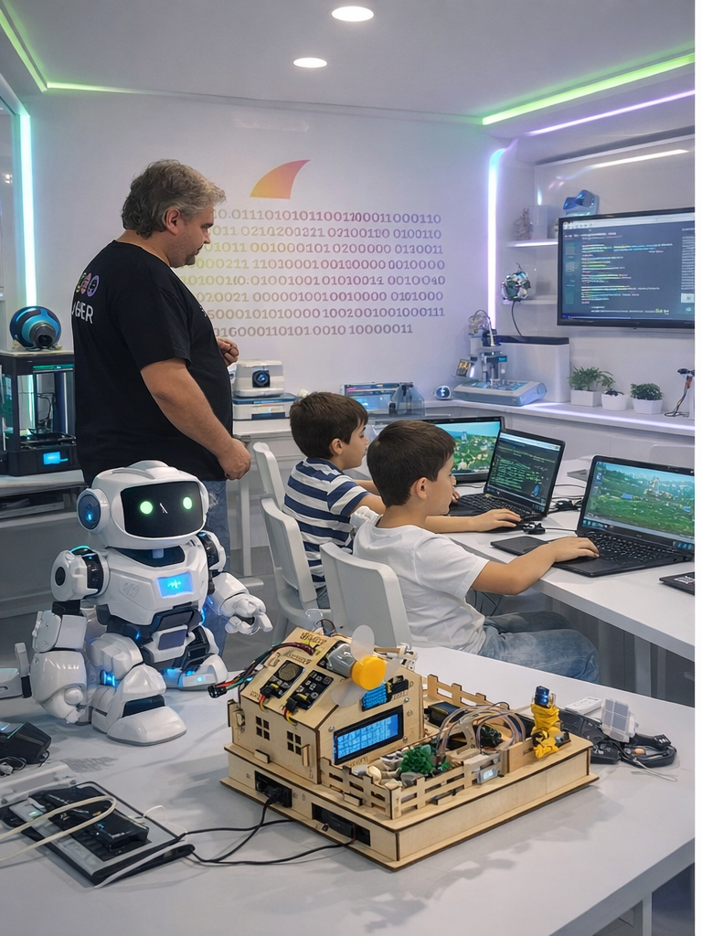 Uma fotografia do interior de um laboratório de robótica e programação da SharkCoders, onde um homem adulto em pé e dois meninos sentados a uma mesa estão focados em atividades de tecnologia, com robôs, ecrãs de computador com código e um modelo de casa inteligente visíveis.