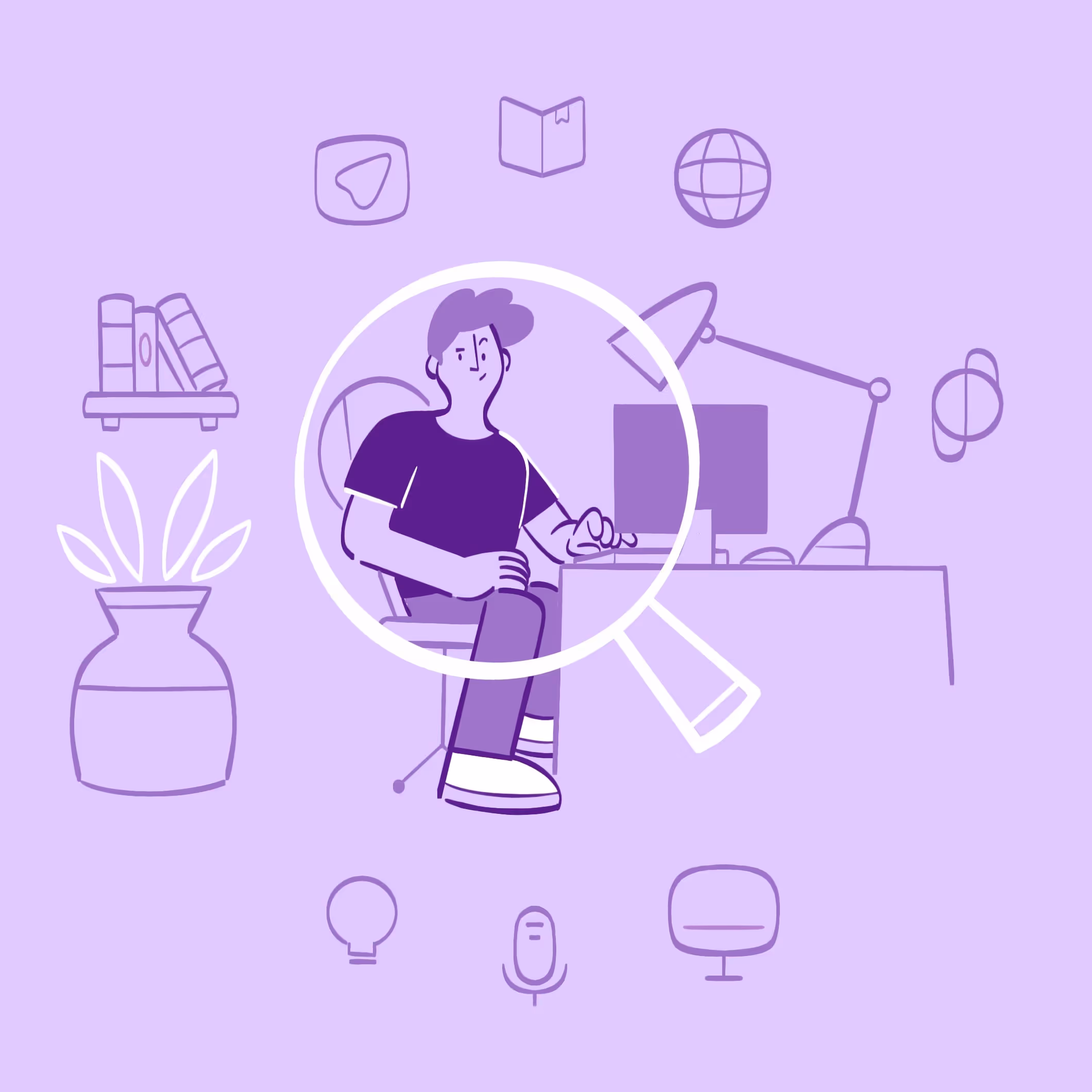 Imagem com fundo roxo apresentando um personagem sentado em uma cadeira, utilizando um computador. Elementos gráficos como livros, uma planta em um vaso, um monitor e ícones de tecnologia estão ao redor, formando um ambiente de trabalho.