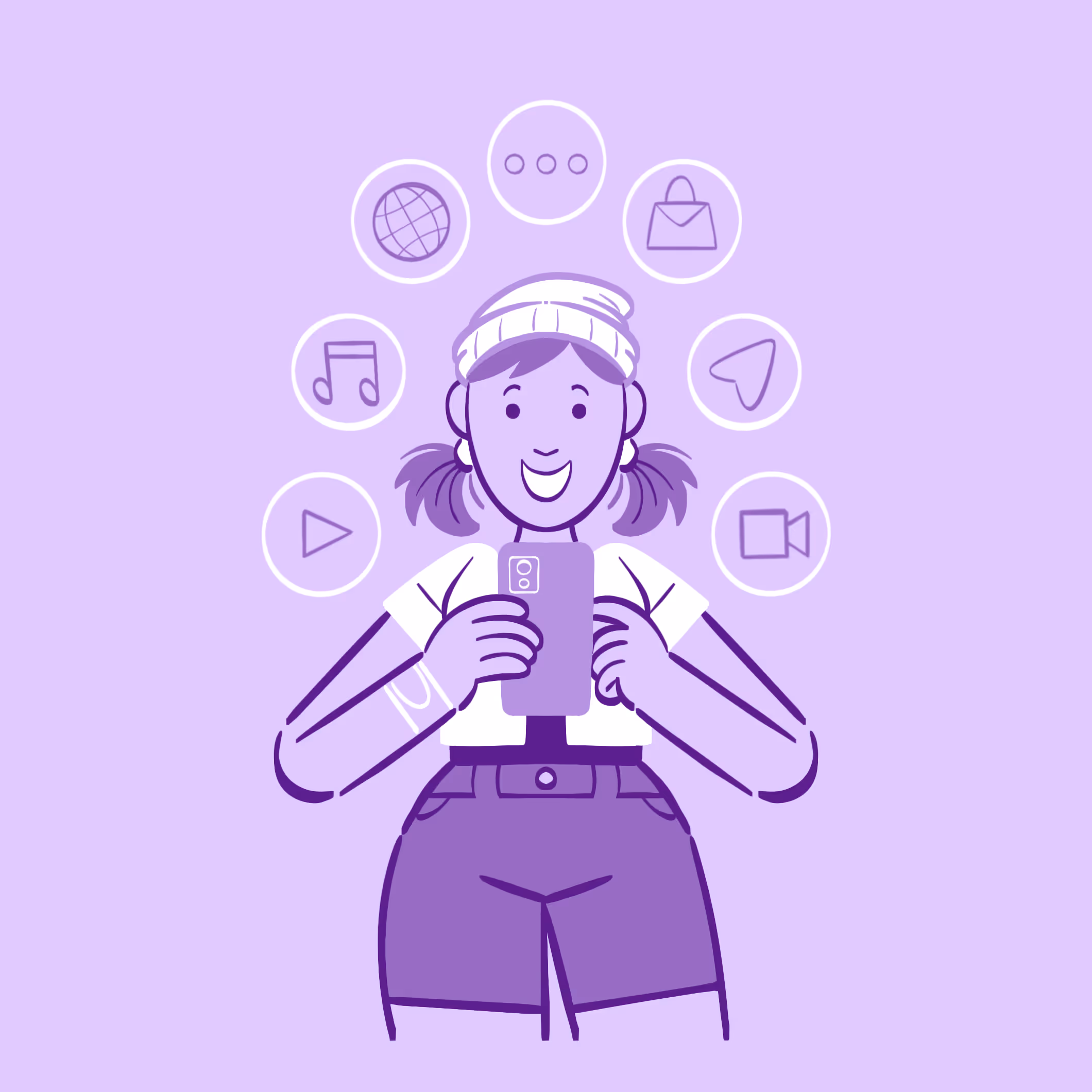 Ilustração de uma jovem sorridente segurando um smartphone, com ícones de mídias sociais e aplicativos ao seu redor, sobre um fundo roxo.