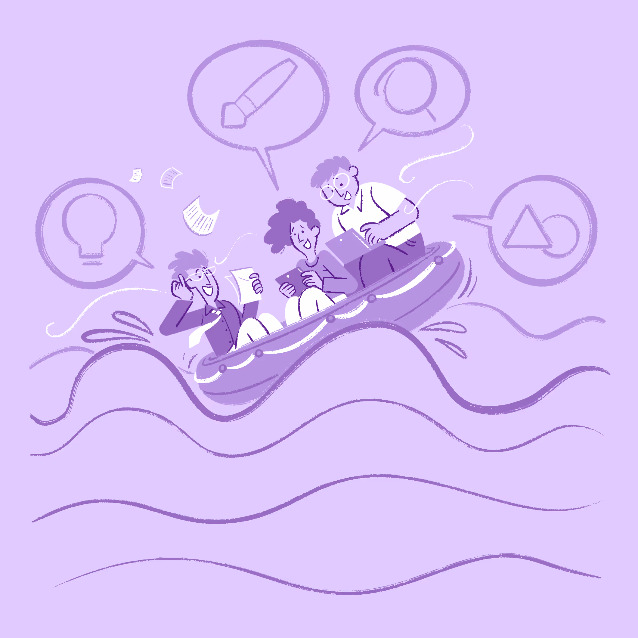Três pessoas em um barco em meio a ondas, com expressões de curiosidade e diversão, rodeadas por balões de fala contendo ícones relacionados a ideias, escrita e formas. O fundo é roxo.