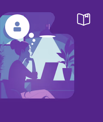 Ilustração de uma mulher pensativa, sentada em uma mesa com um laptop, debaixo da luz de um abajur, cercada por plantas. Um ícone de usuário e balão de pensamento estão visíveis ao lado. Fundo roxo.