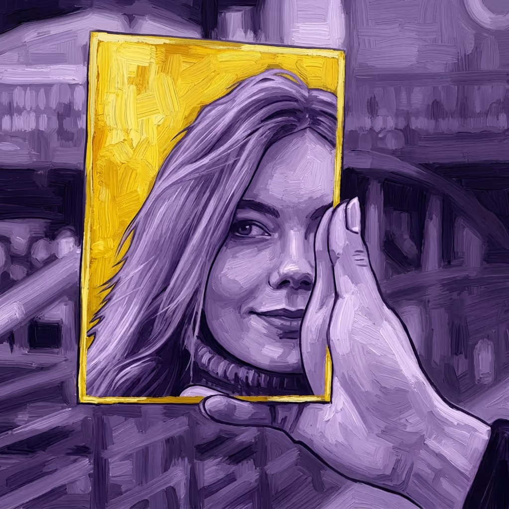 Purple digital painting of a woman holding a framed portrait. A blend of modern art & technology. Image modified with AI. Original from Pexels.