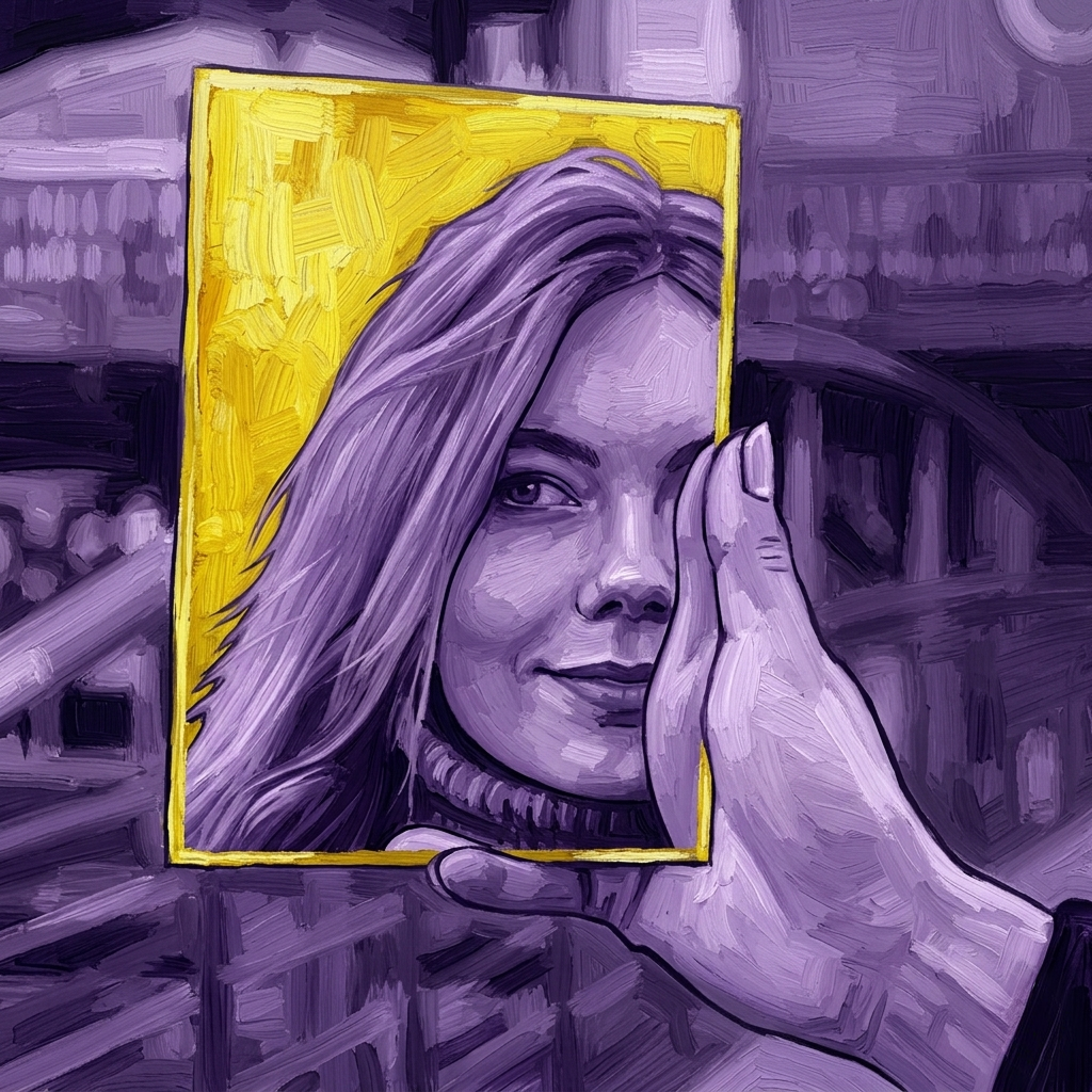 Pintura digital roxa de uma mulher segurando um retrato emoldurado. Uma fusão de arte moderna e tecnologia. Imagem modificada com IA. Original de Pexels.