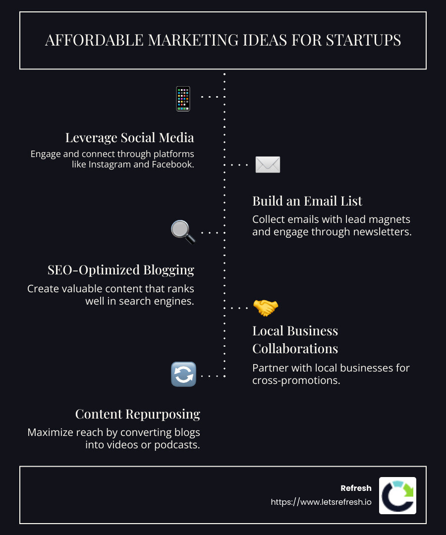 Innovative affordable marketing ideas for startups, including social media engagement, email list building, SEO-focused blogging, and local business collaborations - affordable marketing ideas infographic infographic-line-5-steps-dark
