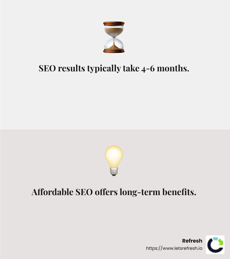 SEO takes time to show results, typically 4-6 months, but it's worth the wait. Source: On The Map Marketing - affordable small business seo packages infographic 2_facts_emoji_grey