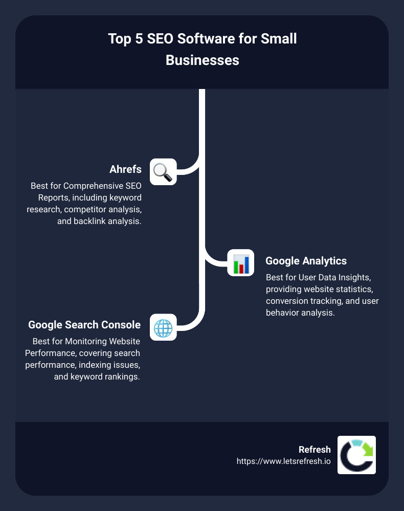 Infographic detailing top 5 SEO software for small businesses with icons and brief descriptions of each tool and its primary function. - best seo software for small business infographic infographic-line-3-steps