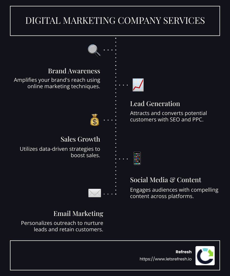Digital marketing services infographic showing brand awareness, lead generation, SEO, PPC, social media, and email marketing - digital marketing company infographic infographic-line-5-steps-dark
