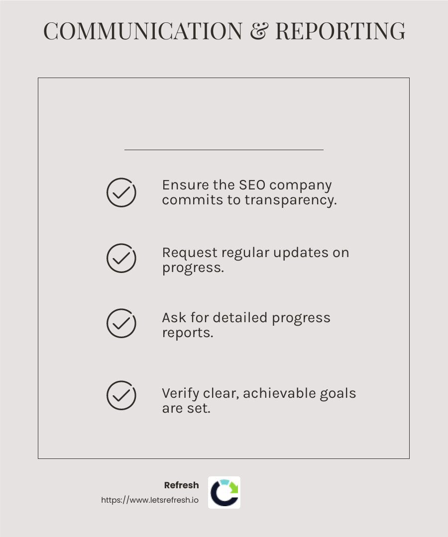 Transparency is key in any SEO partnership. Ensure your chosen company is committed to ethical practices and open communication. - how to choose an seo company for your small business infographic checklist-light-beige
