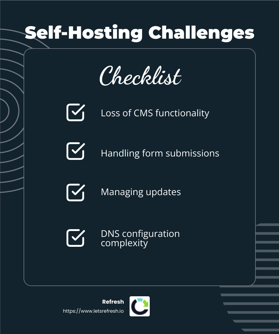 Webflow self-hosting challenges and solutions - how to host a webflow website infographic checklist-dark-blue