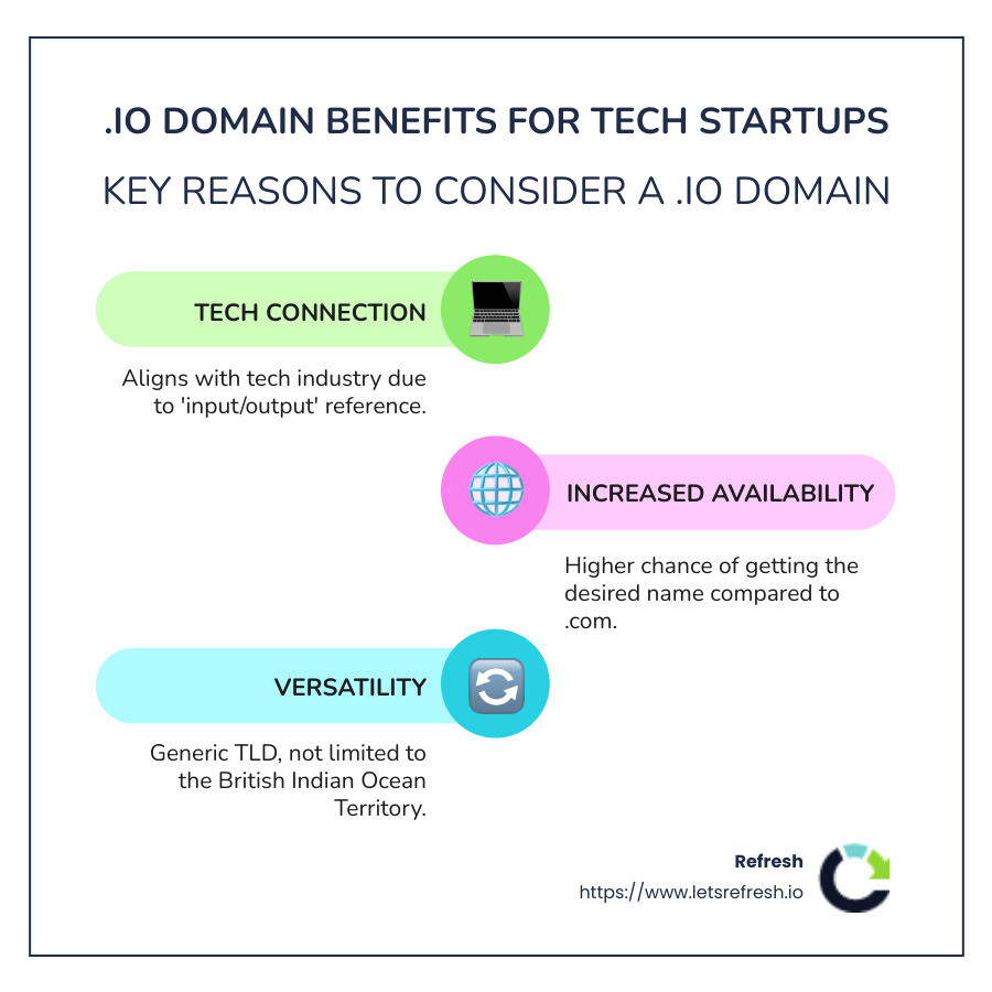 Infographic detailing benefits of io domain for tech startups - io extension domain name infographic infographic-line-3-steps-colors