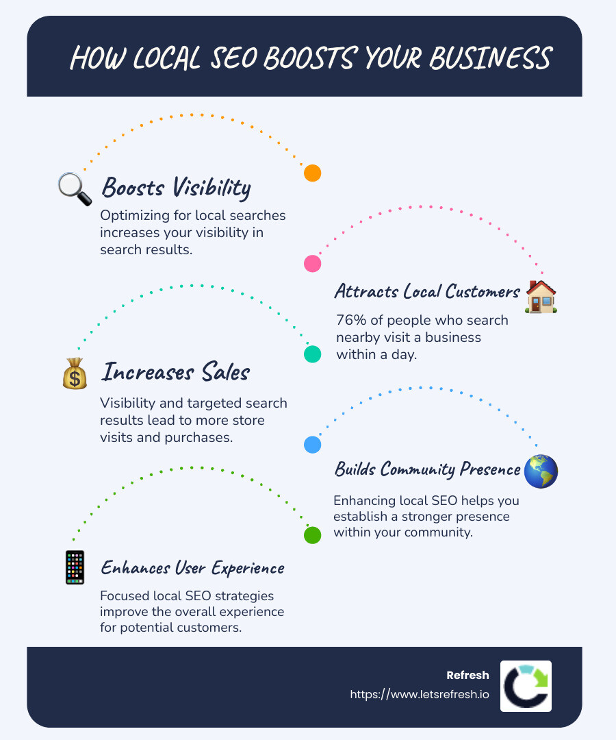 Infographic showing how local SEO boosts business visibility and customer interaction - local seo strategy infographic infographic-line-5-steps-blues-accent_colors