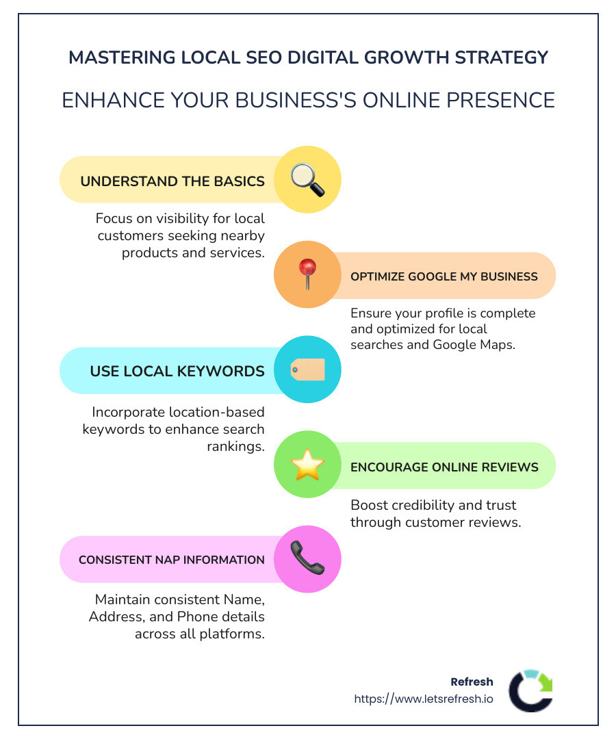 Infographic addressing local SEO digital growth strategy - local seo digital growth strategy infographic infographic-line-5-steps-colors