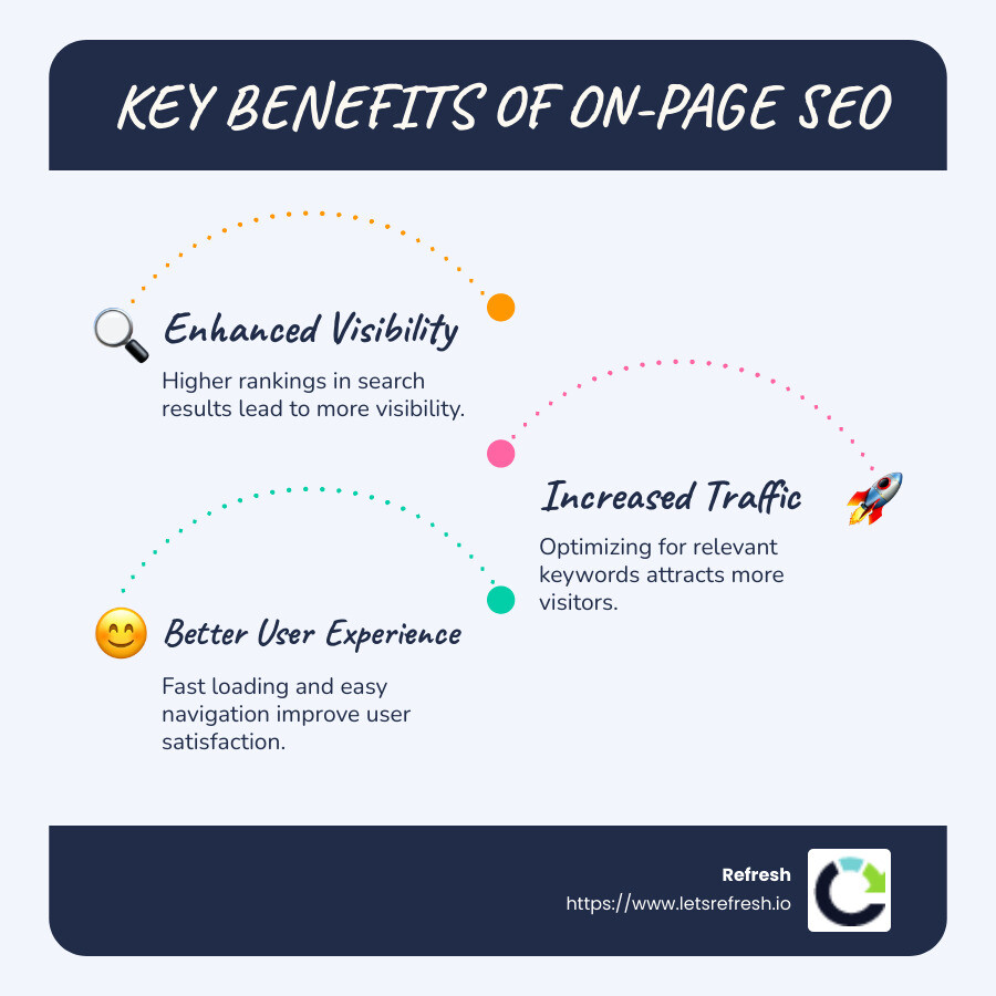 Infographic showing key benefits of on page SEO search engine optimization with visuals of keywords, user interface design, and search results - on page seo search engine optimization infographic infographic-line-3-steps-blues-accent_colors