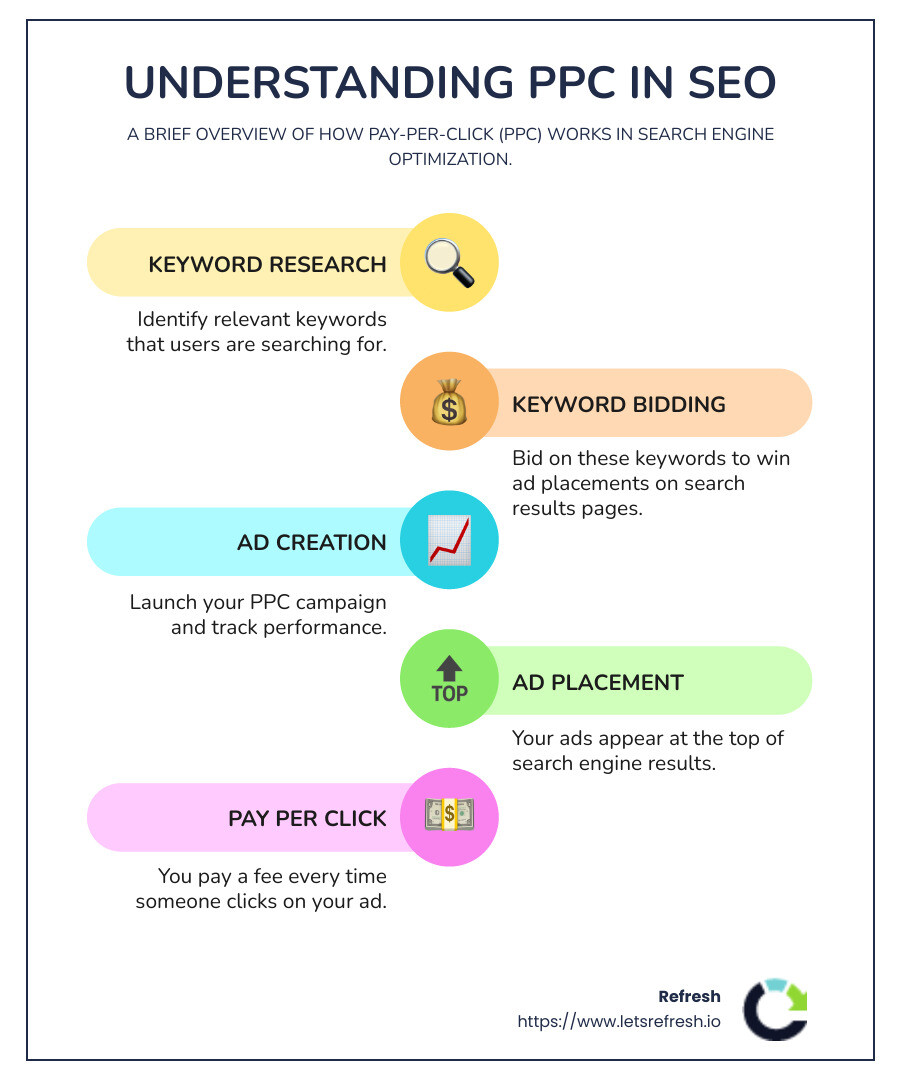 PPC involves bidding on keywords and paying for each click. - ppc seo meaning infographic infographic-line-5-steps-colors