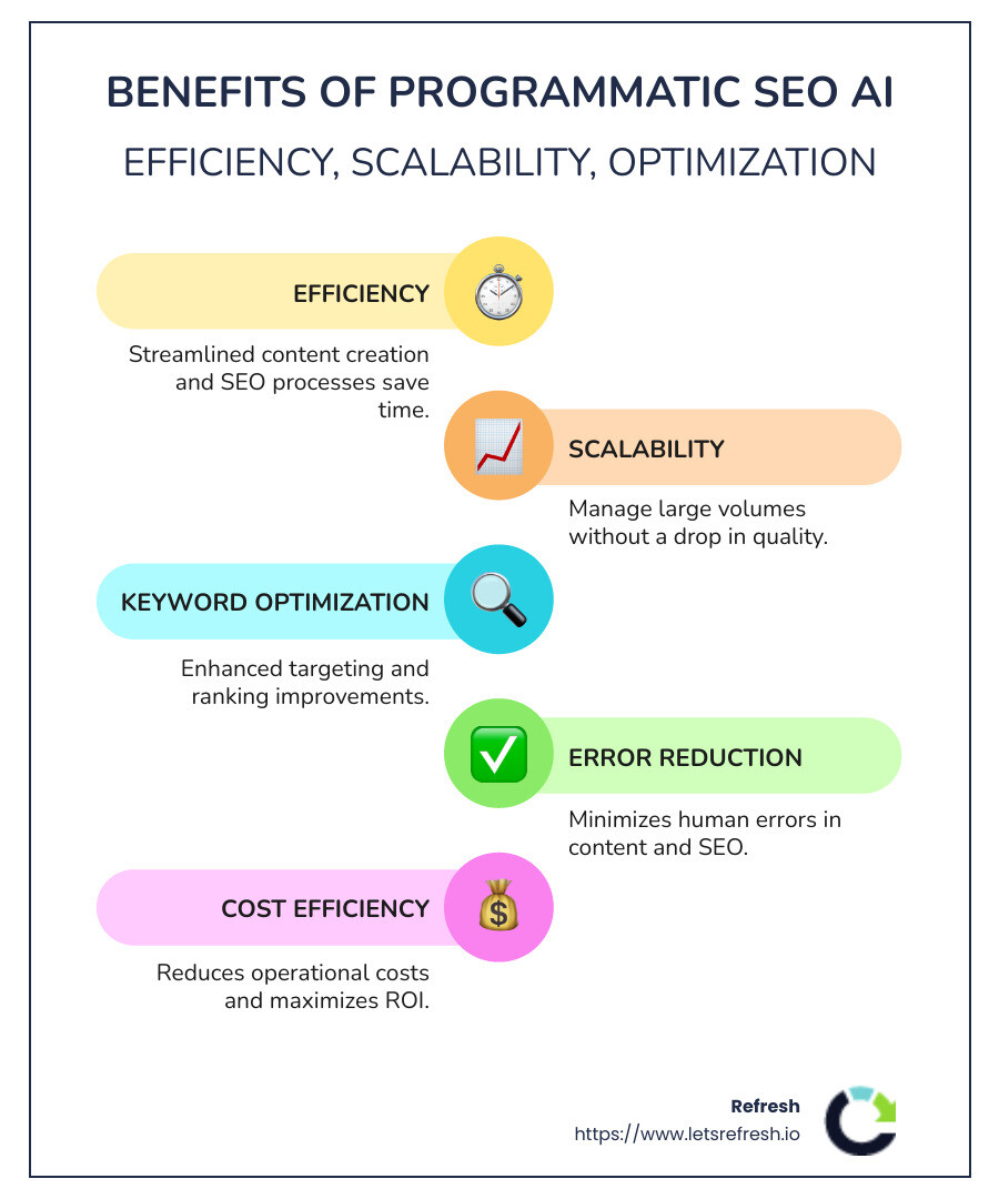 Infographic illustrating the benefits of programmatic seo ai including automation, scalability, and accuracy improvements - programmatic seo ai infographic infographic-line-5-steps-colors