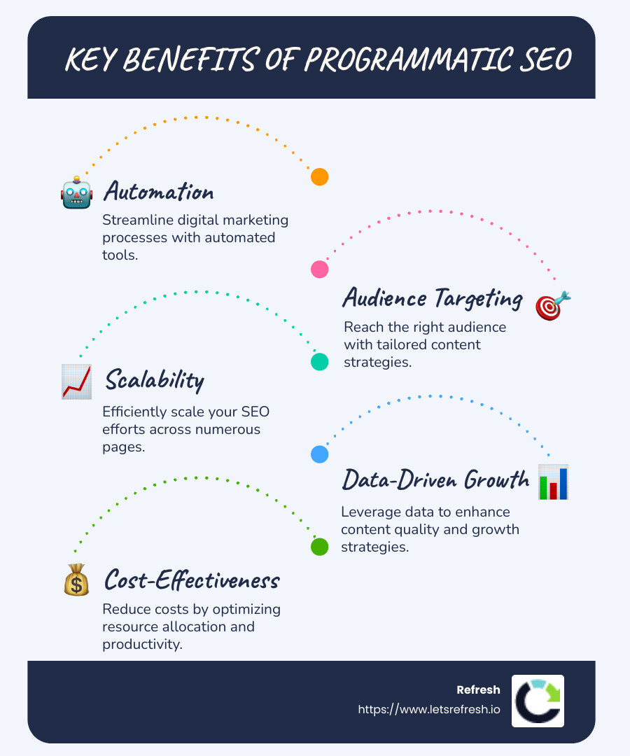 Infographic of key benefits of programmatic SEO, highlighting automation, audience targeting, scalability, and data-driven growth - programmatic seo agency infographic infographic-line-5-steps-blues-accent_colors