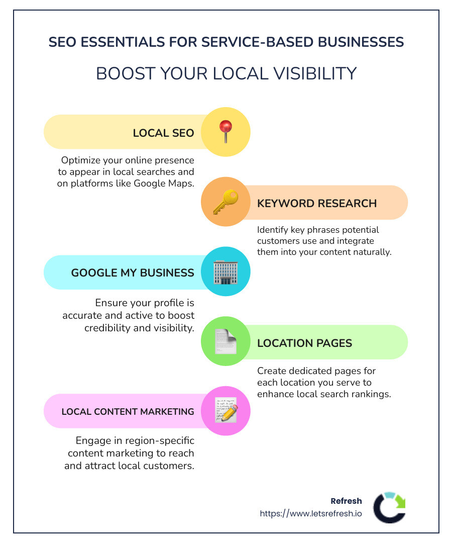 Infographic of essential SEO elements for service-based businesses in a local market - seo for service based business infographic infographic-line-5-steps-colors