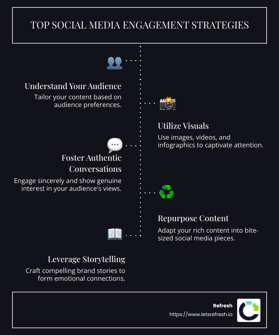 Infographic showing top social media engagement strategies, including visuals, audience insights, storytelling, content repurposing, and interactive formats - Social media engagement strategies infographic infographic-line-5-steps-dark