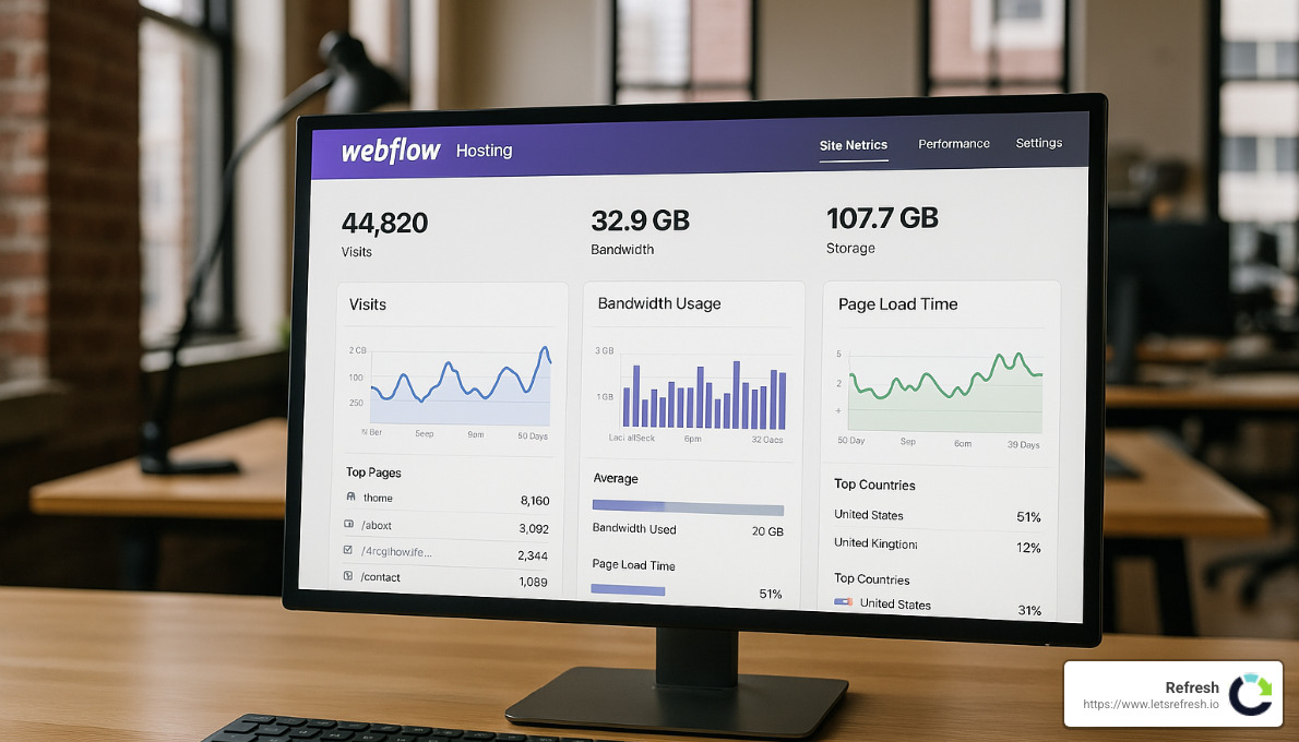 Webflow hosting dashboard showing site metrics and performance - webflow hosting pricing