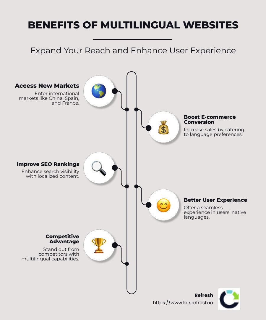 Infographic on benefits of multilingual websites: expanding markets, user preferences, ecommerce growth - Webflow multi-language support infographic infographic-line-5-steps-neat_beige