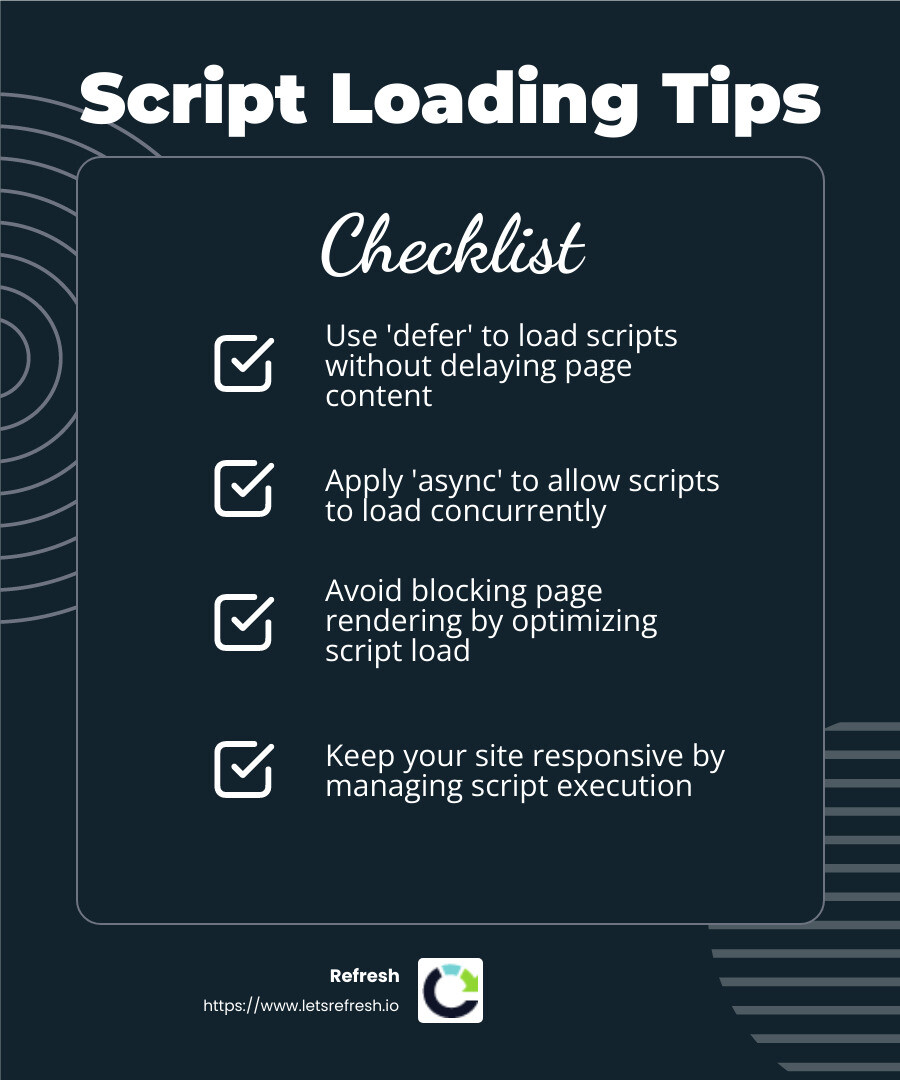 Using defer and async attributes to improve page load speed - Webflow page speed optimization infographic checklist-dark-blue