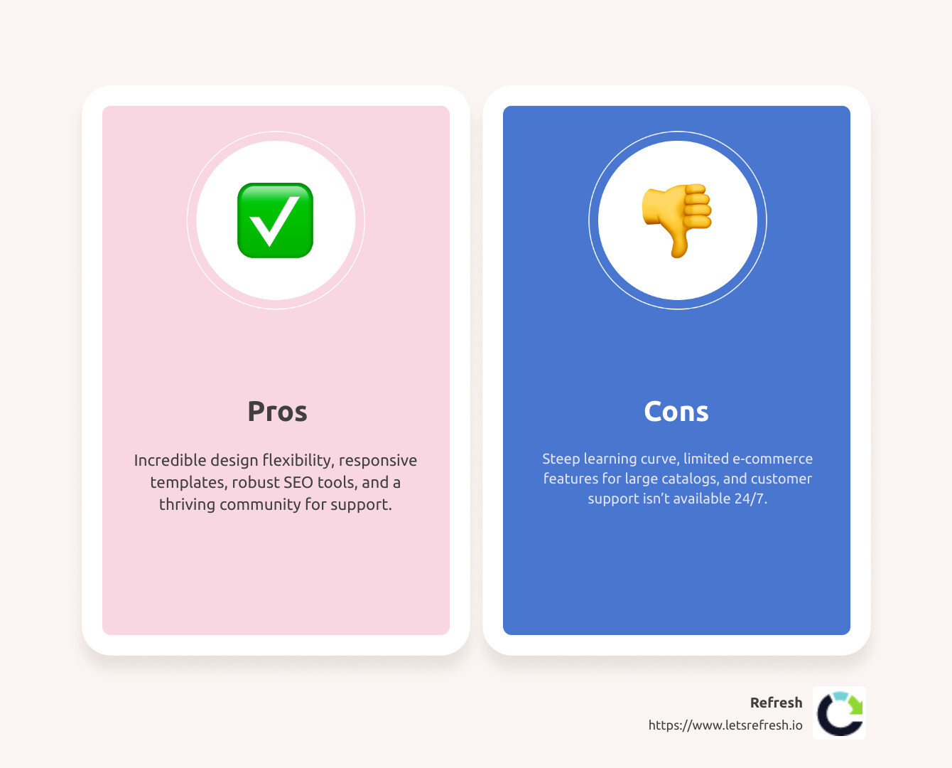 Summary of Webflow's Pros and Cons - Webflow platform reviews infographic comparison-2-items-casual