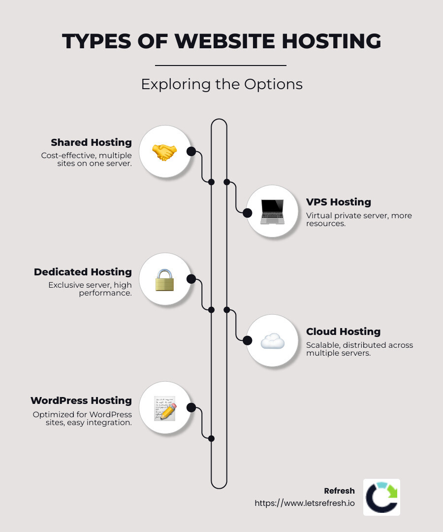 Infographic detailing the difference between different types of hosting services and their primary benefits. - website hosting and management services infographic infographic-line-5-steps-neat_beige