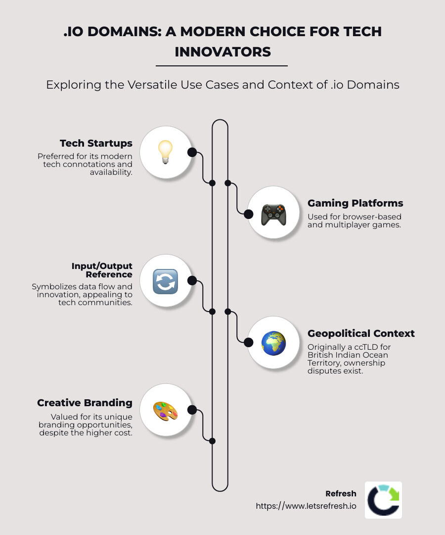Detailed infographic on what are io domains used for, including information on tech startups usage, gaming applications, and the British Indian Ocean Territory origin - what are io domains used for infographic infographic-line-5-steps-neat_beige