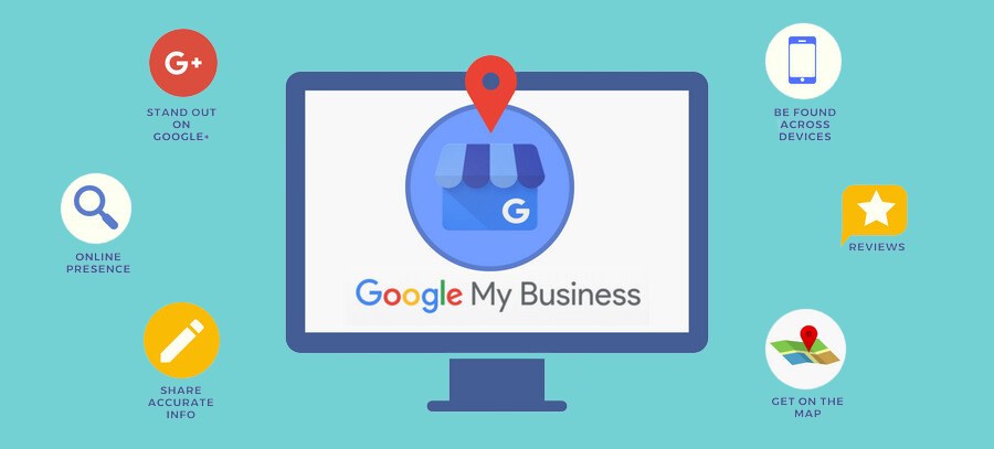 Illustration of a computer screen displaying the Google My Business logo, surrounded by icons.