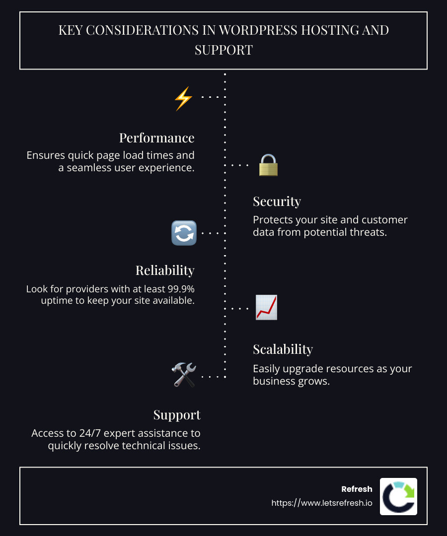 Detailed infographic explaining key considerations in wordpress hosting and support: performance (page load times, user experience), security (site and data protection), reliability (99.9% uptime), scalability (resource upgrades), support (24/7 expert help) - wordpress hosting and support infographic infographic-line-5-steps-dark