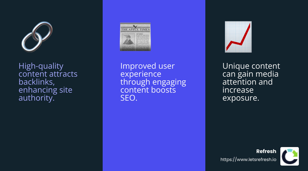 Content marketing boosts SEO by attracting backlinks, media attention, and enhancing user experience - seo digital marketing content strategy infographic 3_facts_emoji_blue