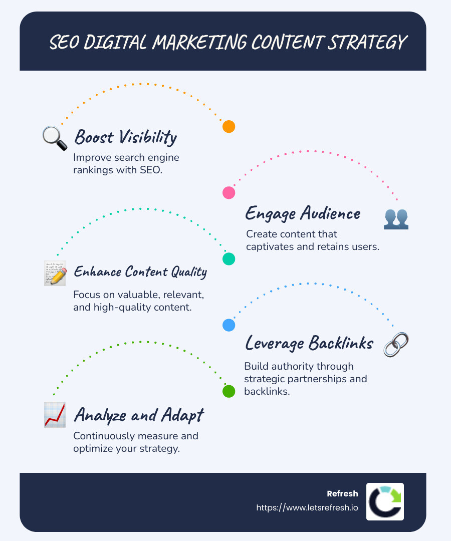 Infographic showing elements of SEO digital marketing content strategy - seo digital marketing content strategy infographic infographic-line-5-steps-blues-accent_colors