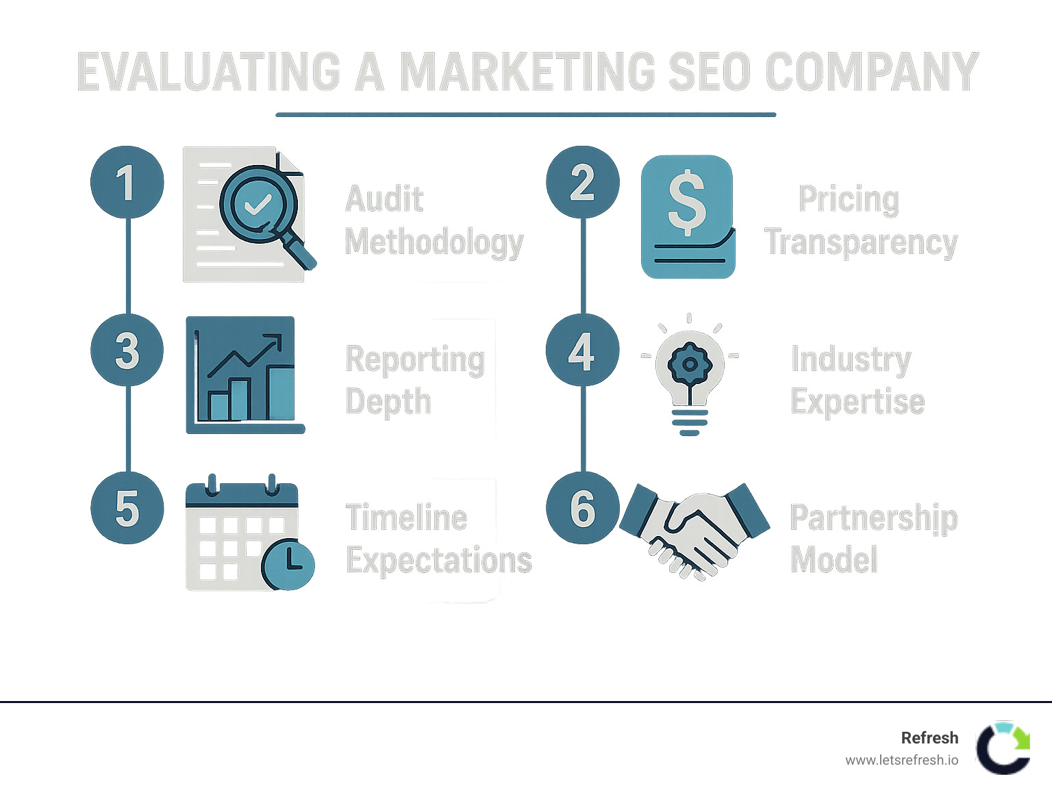 Comprehensive infographic showing the step-by-step process for evaluating marketing SEO companies, including key criteria like audit methodology, pricing transparency, reporting depth, timeline expectations, industry expertise, and partnership model assessment - marketing seo company infographic 