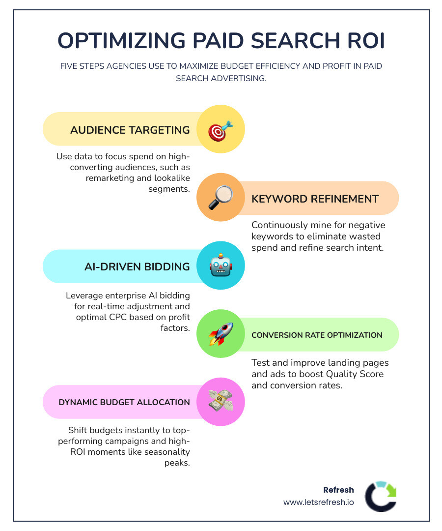 Infographic showing bid curve optimization with CPC vs conversion probability, showing optimal bid ranges and profit margins across different keyword categories - Paid search advertising agency infographic infographic-line-5-steps-colors