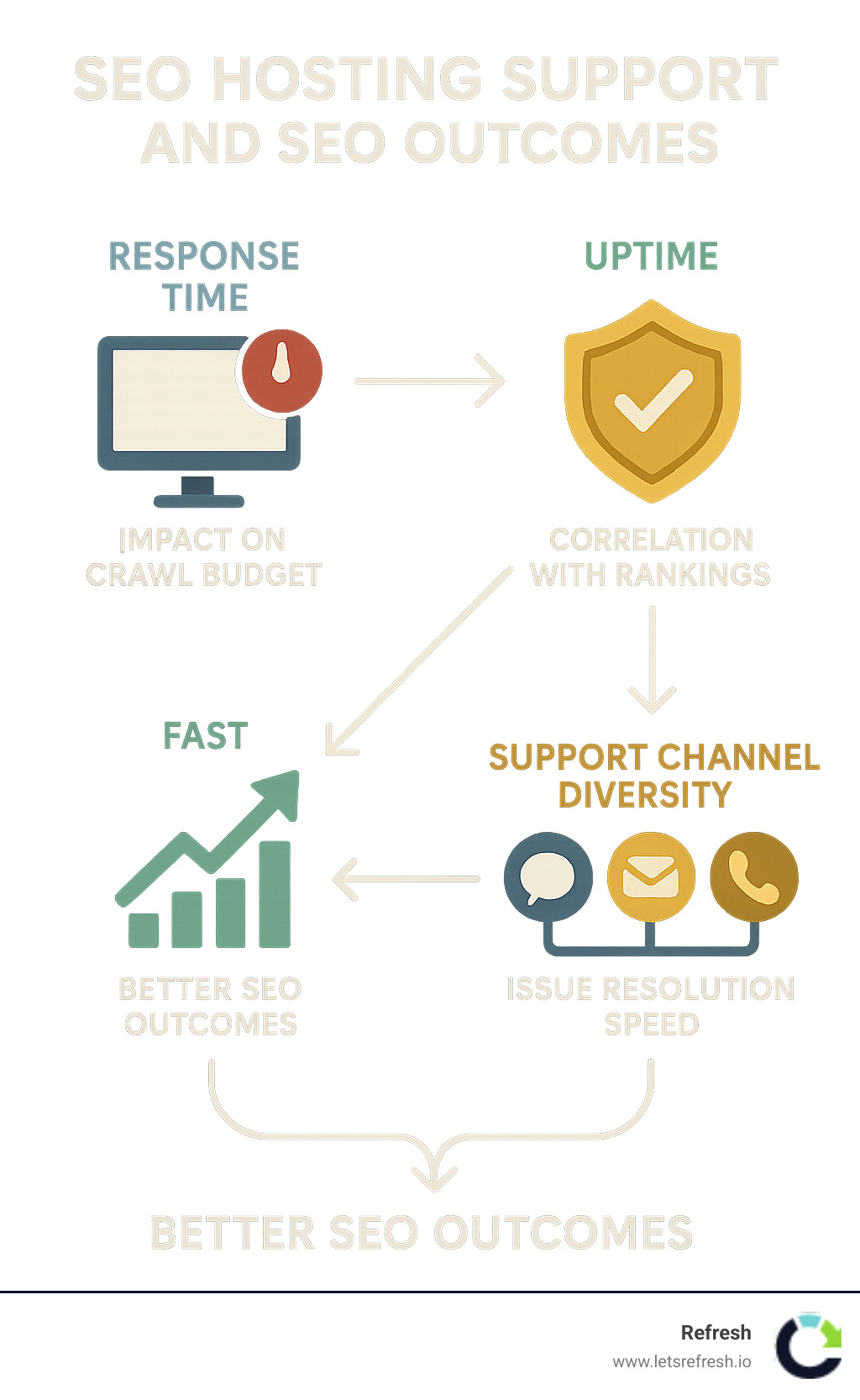 Diagram showing the relationship between hosting support quality metrics and SEO outcomes, including response time impact on crawl budget, uptime correlation with rankings, and how support channel diversity affects issue resolution speed - seo hosting support infographic