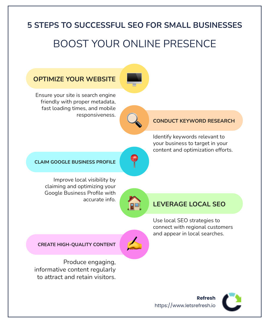 Steps to SEO Success for Small Business - seo marketing for small business infographic infographic-line-5-steps-colors