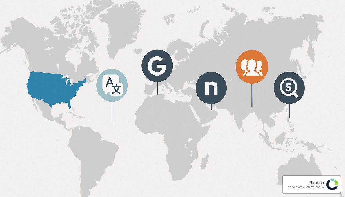 World map showing international SEO strategy with regional targeting - seo optimization companies