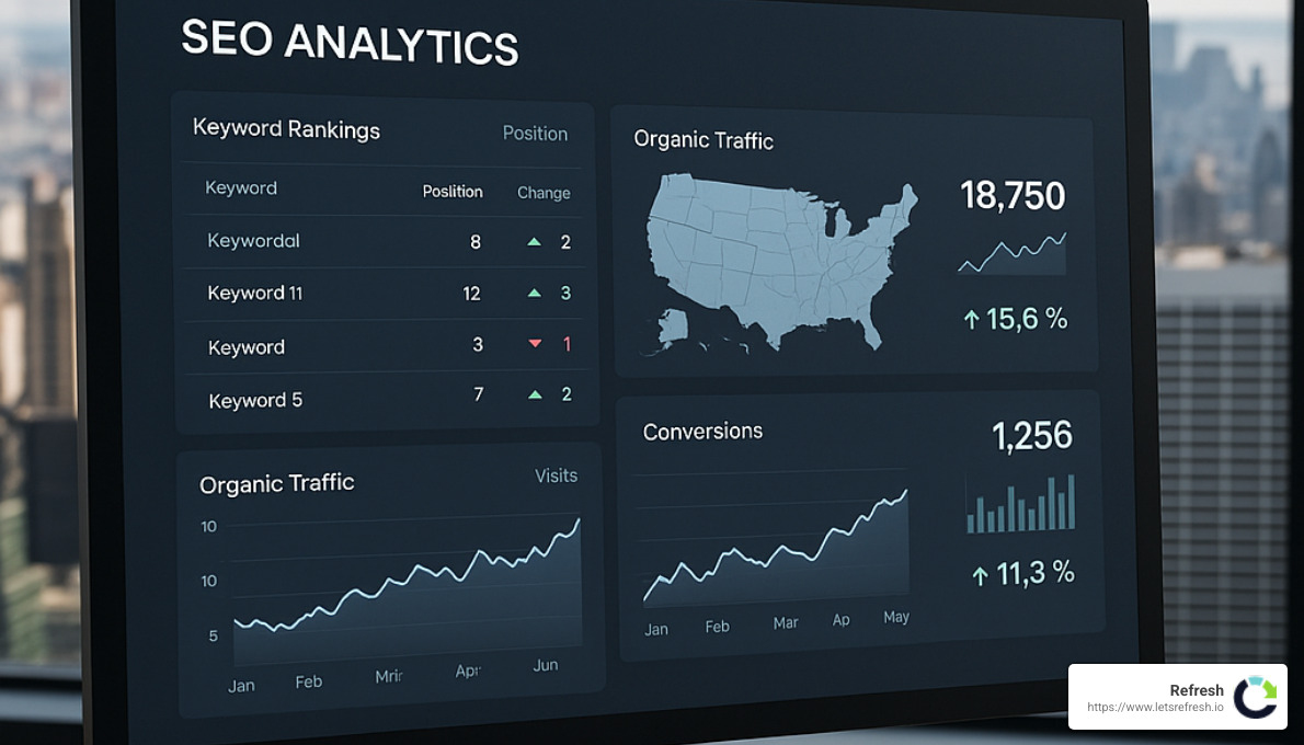 SEO analytics dashboard showing keyword rankings, traffic metrics, and conversion data - seo optimization companies