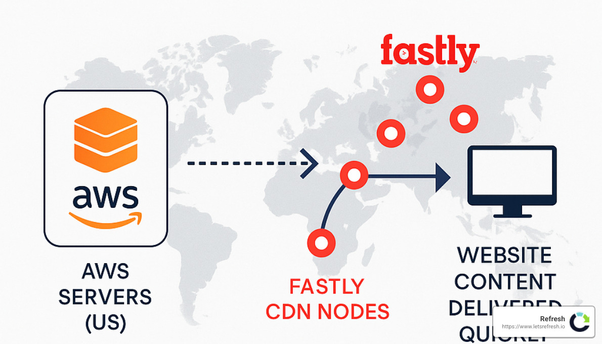 Webflow hosting infrastructure diagram showing AWS servers and Fastly CDN global distribution - webflow hosting