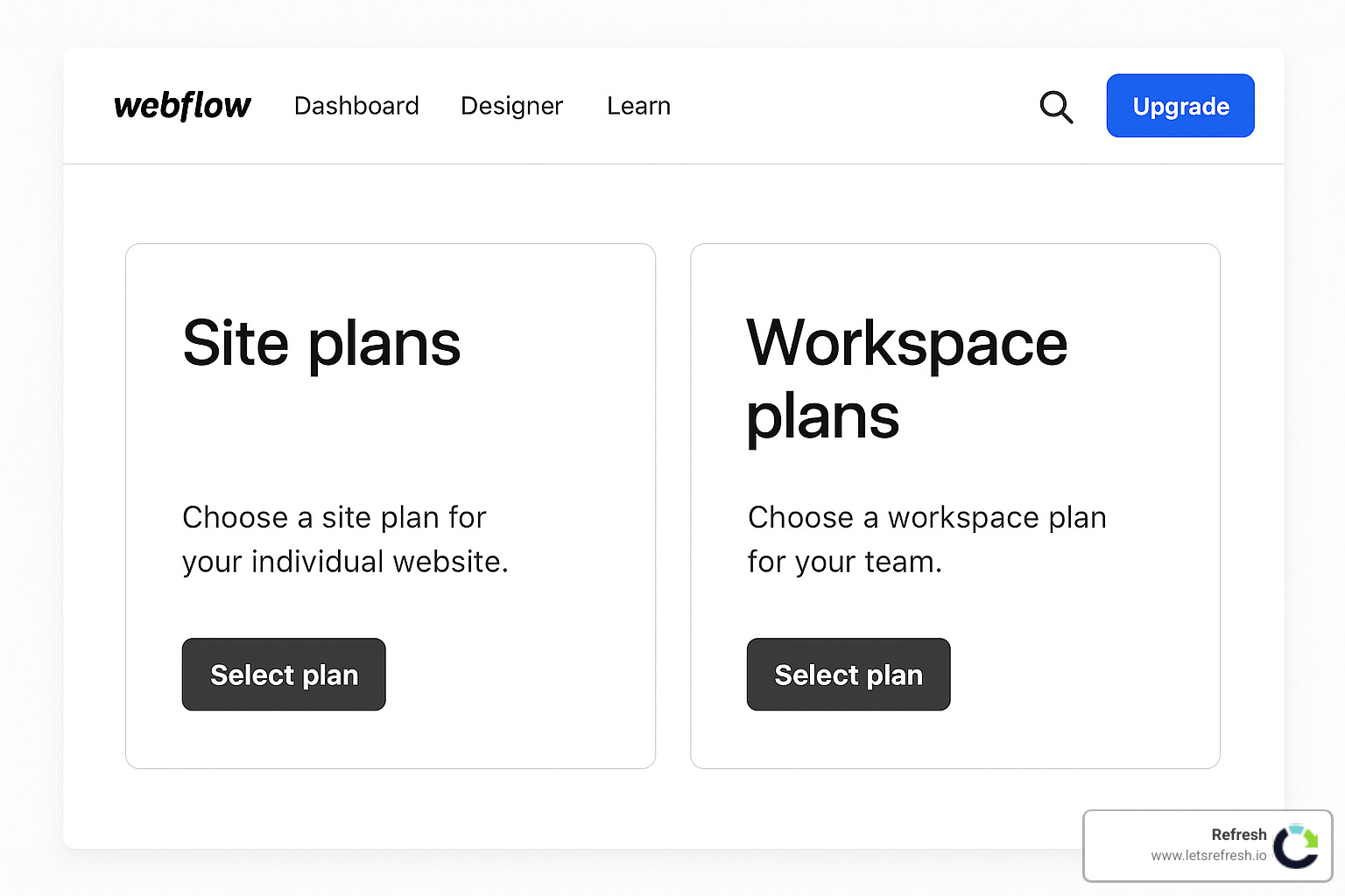 Webflow dashboard showing site and workspace plan options - webflow hosting plans
