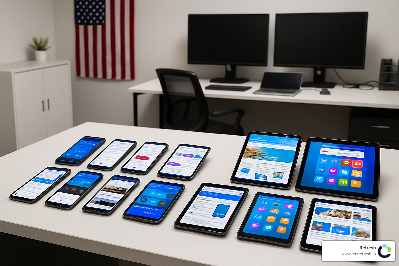 mobile device testing lab with multiple smartphones and tablets - Webflow mobile design