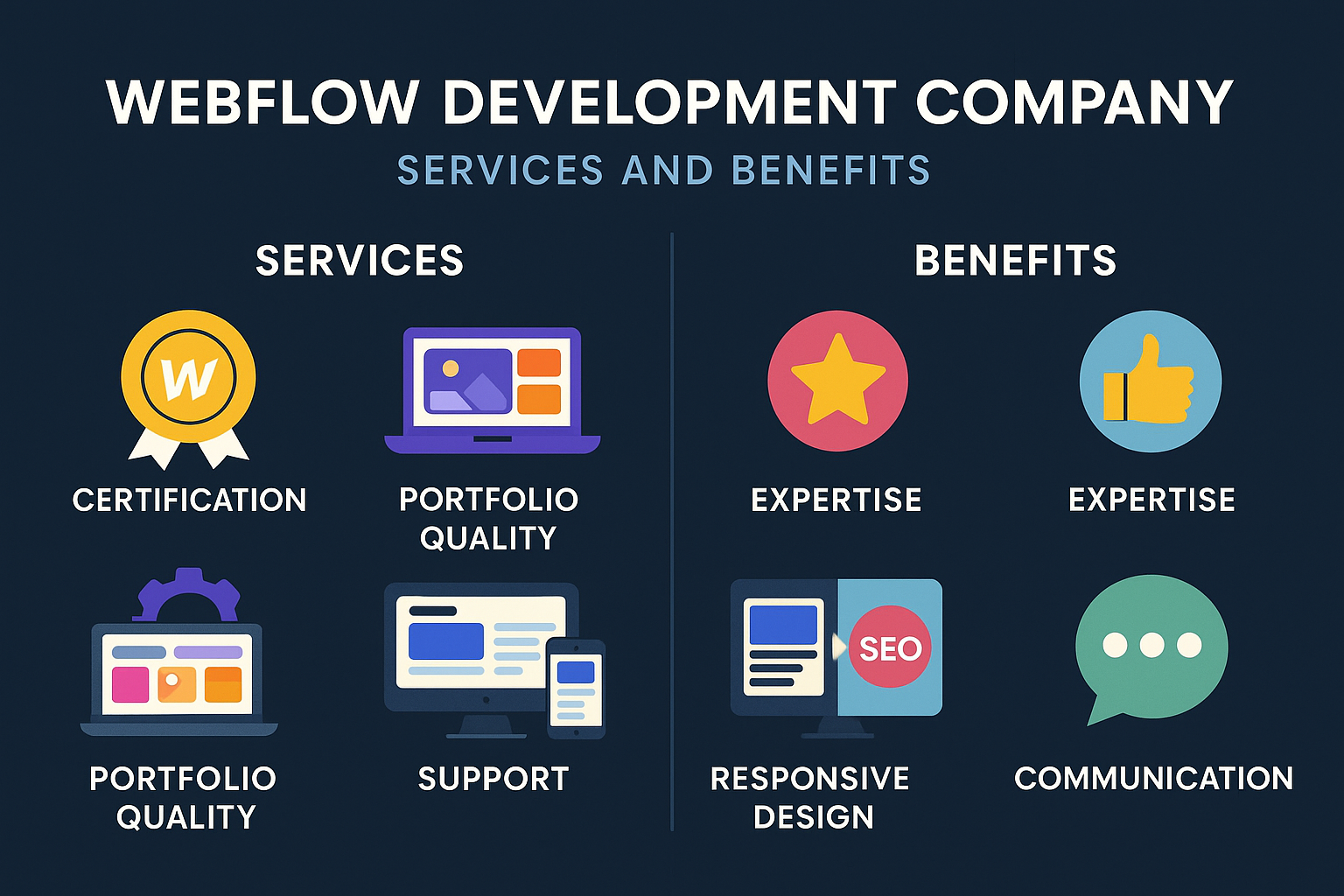 Comparison of Webflow development company services and benefits - Webflow development company infographic 