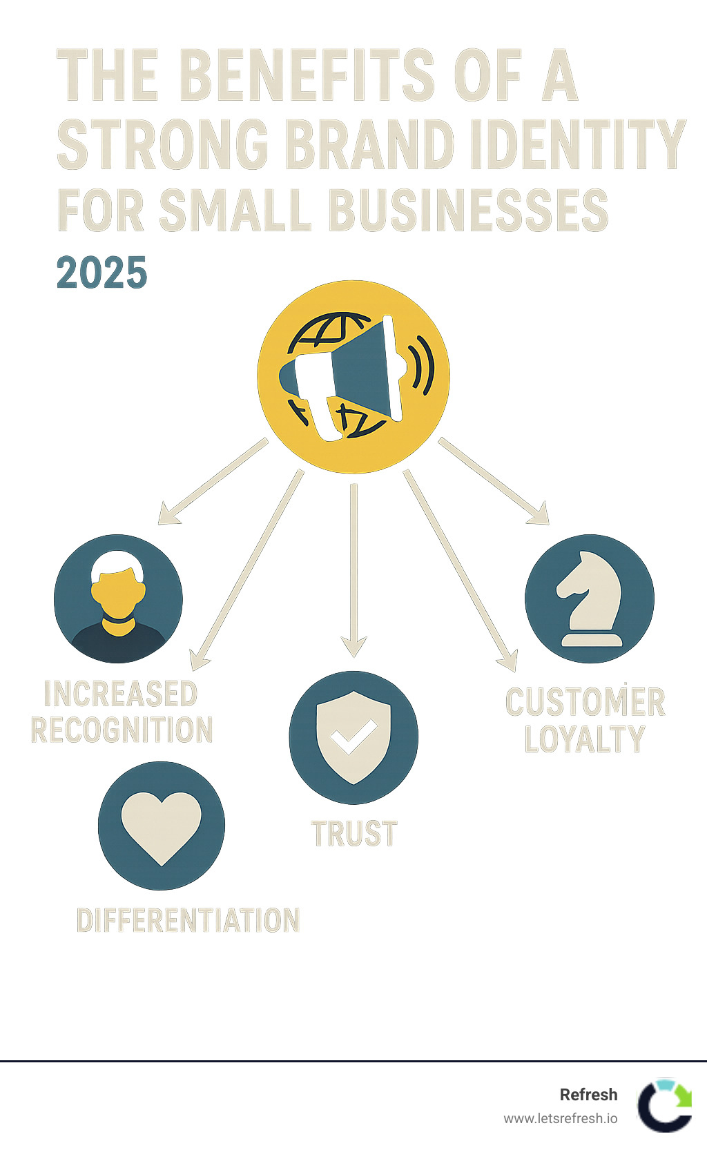 Infographic explaining the key benefits of a strong brand identity for small businesses, including increased recognition, trust, differentiation, customer loyalty, and investment attraction - branding and logo design agency infographic 