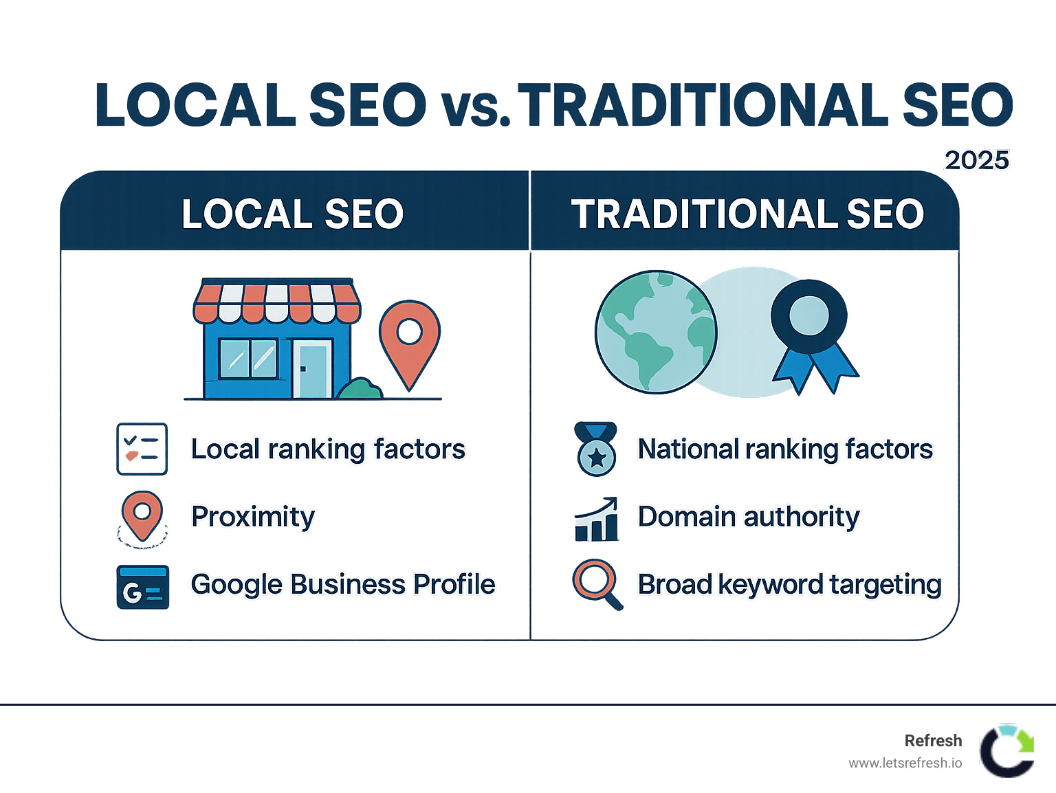 Infographic showing the differences between Local SEO and Traditional SEO, including local ranking factors like proximity and Google Business Profile versus national factors like domain authority and broad keyword targeting - local SEO services infographic 