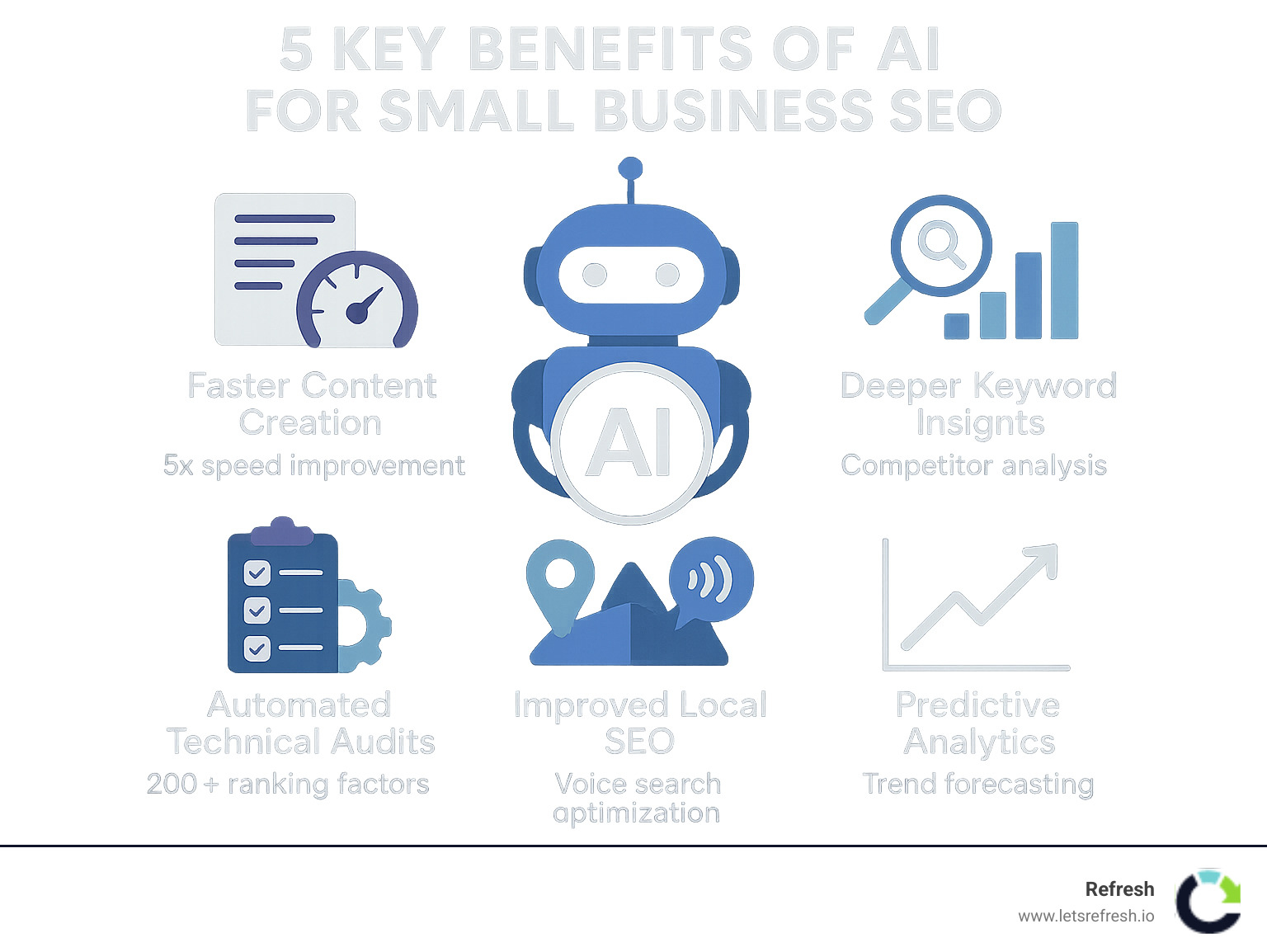 Infographic showing 5 key benefits of AI for small business SEO: Faster Content Creation with 5x speed improvement, Deeper Keyword Insights through competitor analysis, Automated Technical Audits identifying 200+ ranking factors, Improved Local SEO with voice search optimization, and Predictive Analytics for trend forecasting - what are the best ai seo tools for small businesses infographic 