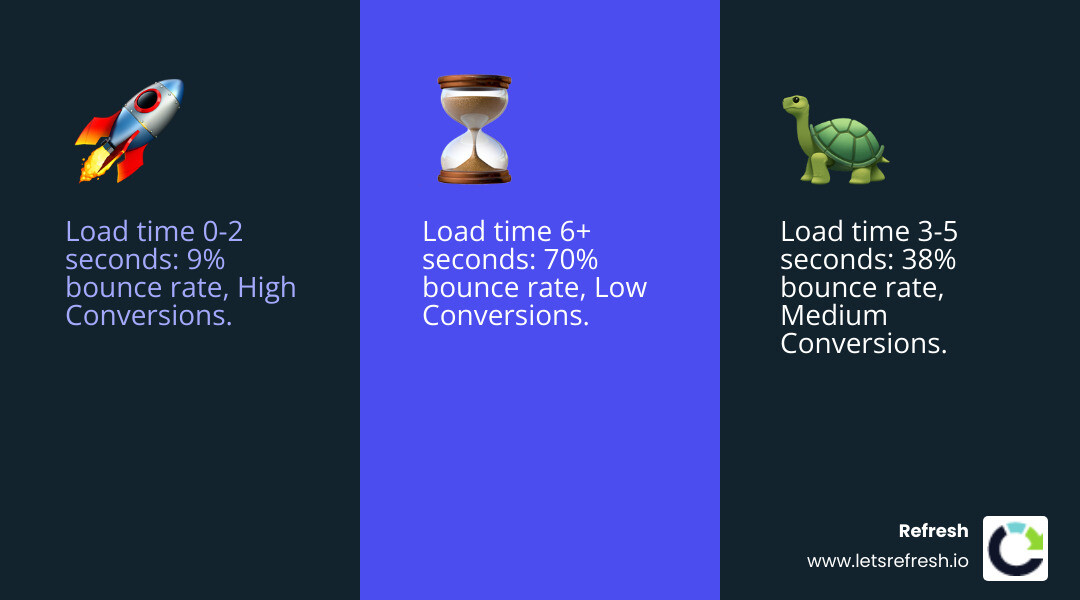Infographic showing website speed impact: 0-2 seconds load time equals 9% bounce rate and high conversions, 3-5 seconds equals 38% bounce rate and medium conversions, 6+ seconds equals 70% bounce rate and low conversions, with arrows indicating declining user satisfaction and revenue as load times increase - Fast loading website infographic 3_facts_emoji_blue