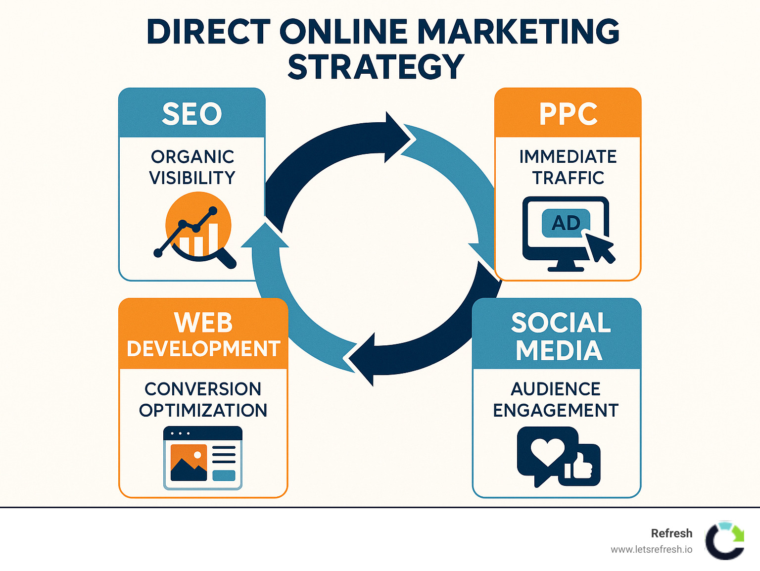Infographic showing the four key pillars of successful direct online marketing strategy: SEO for organic visibility, PPC for immediate traffic generation, social media for audience engagement, and web development for conversion optimization, with arrows connecting each element to show how they work together - direct online marketing pittsburgh pa infographic 