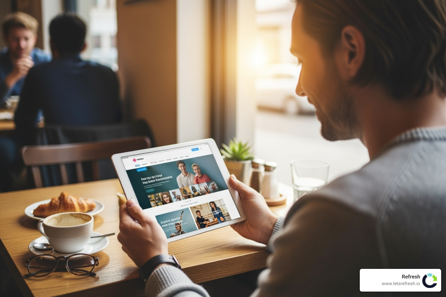 a person happily browsing a new website on a tablet - web redesign company