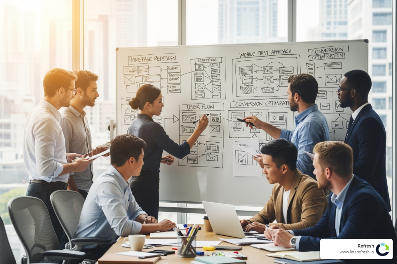 a team collaborating around a whiteboard with website plans - web redesign company