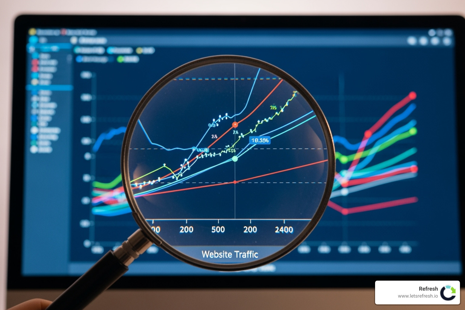 Magnifying glass over a website graph - seo tools freeware Magnifying glass over a website graph - seo tools freeware